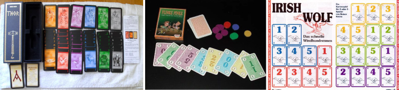 Trois éditions anciennes de jeux de société de Reiner Knizia, avec leurs cartes, plateaux et jetons.
