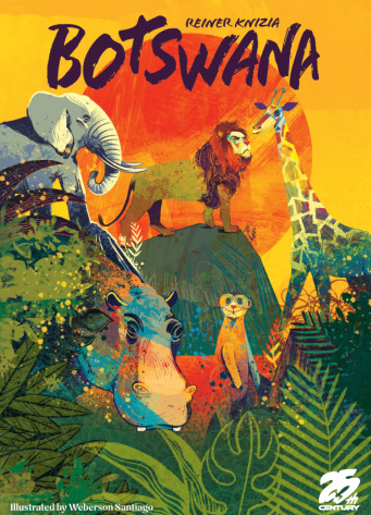 Illustration de couverture du jeu Botswana de Reiner Knizia, réalisée par Weberson Santiago, avec un éléphant, un lion, une girafe, un hippopotame et un suricate.