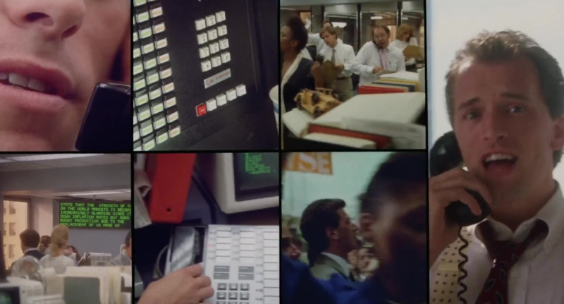 Montage de scènes du film Wall Street montrant des courtiers au téléphone et des écrans financiers dans une salle de marché.