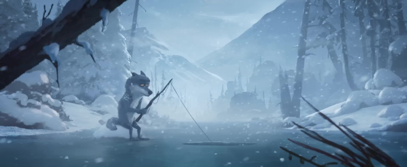 Image d'un film publicitaire Intermarché montrant un loup anthropomorphe en train de pêcher dans un paysage enneigé.