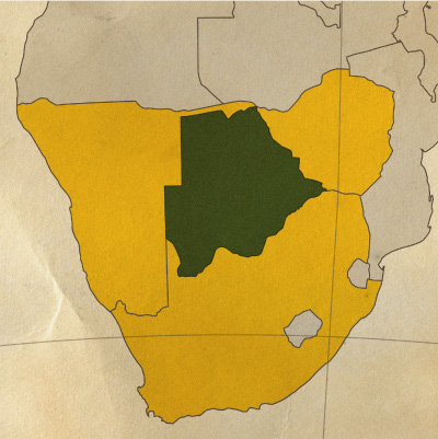 Carte de l'Afrique australe mettant en évidence le Botswana, pays situé entre la Namibie, l'Afrique du Sud, le Zimbabwe et la Zambie.