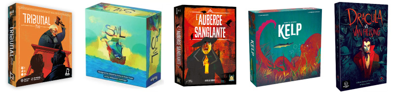 Boîtes de cinq jeux de société illustrés par Weberson Santiago : Tribunal 1920, Sail, L'Auberge sanglante, Kelp et Dracula vs Van Helsing.