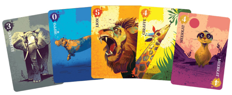 Cinq cartes du jeu Botswana illustrées par Weberson Santiago, représentant un éléphant, un hippopotame, un lion, une girafe et un suricate.