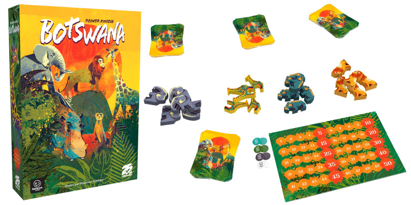Boîte et matériel du jeu de société Botswana de Reiner Knizia : cartes illustrées, figurines d'animaux et piste de score.