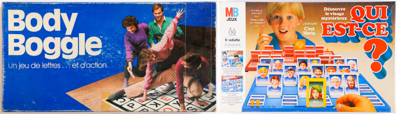 Couvertures de deux anciens jeux de société, Body Boggle et Qui est-ce ?, montrant des joueurs et le matériel utilisé pendant une partie.