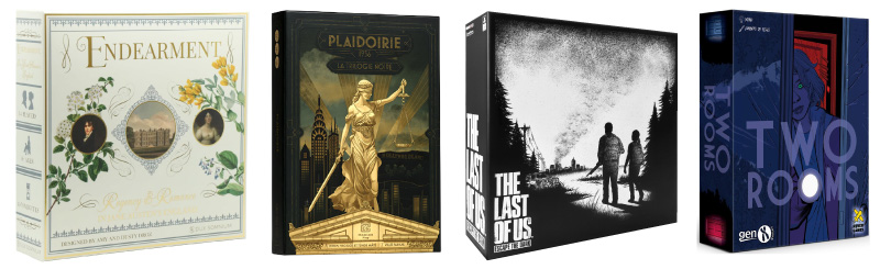 Quatre boîtes de jeux de société aux couvertures travaillées : Ende arment, Plaidoirie, The Last of Us et Two Rooms.